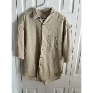 Goouch Vintage Short Sleeve Cotton Button Up Shirt, Tan/White Ribbed Stripes, XL